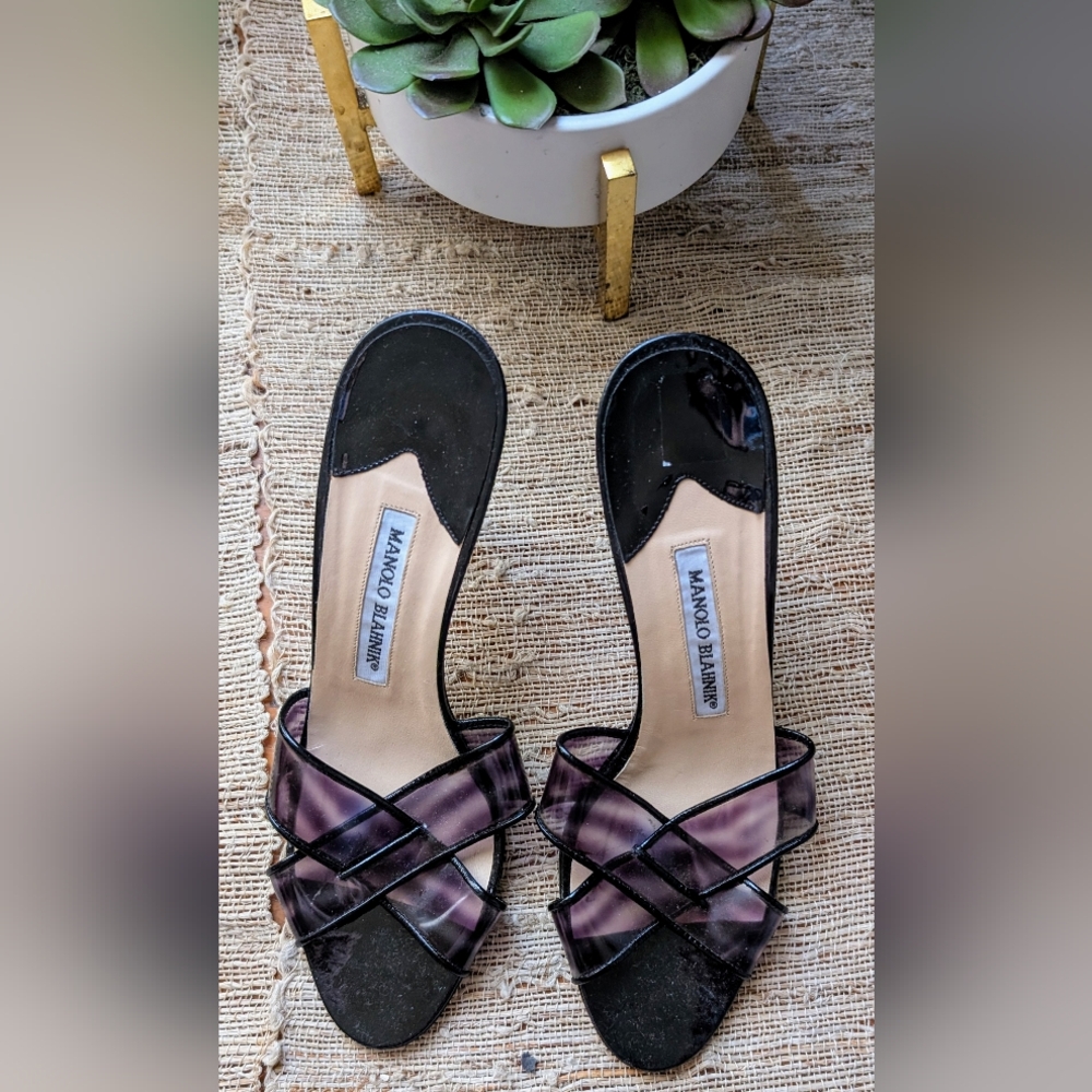 MANOLO BLAHNIK • TORUGALE PRINT TRANSLUCENT SANDALS
